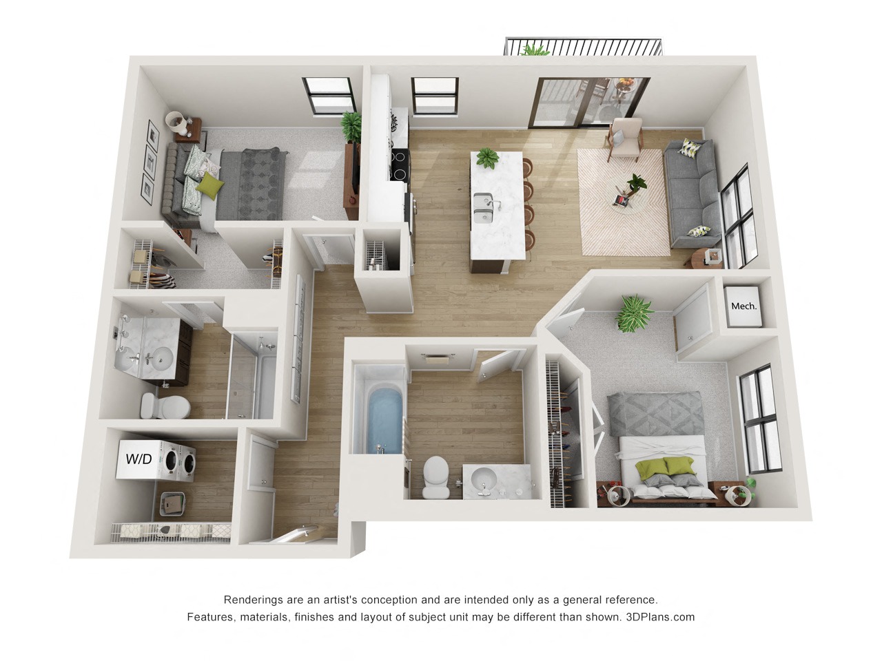Floor plan for 2 beds, 2 baths, 1074 sqft